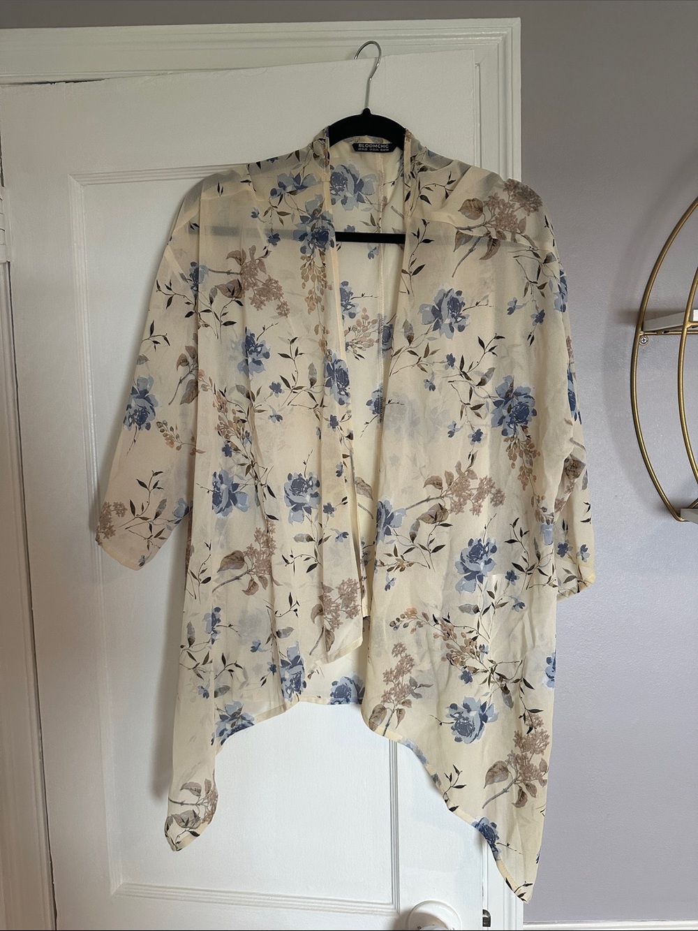 BloomChic Cream Floral Open-Front Tunic with Blue & Beige Blooms